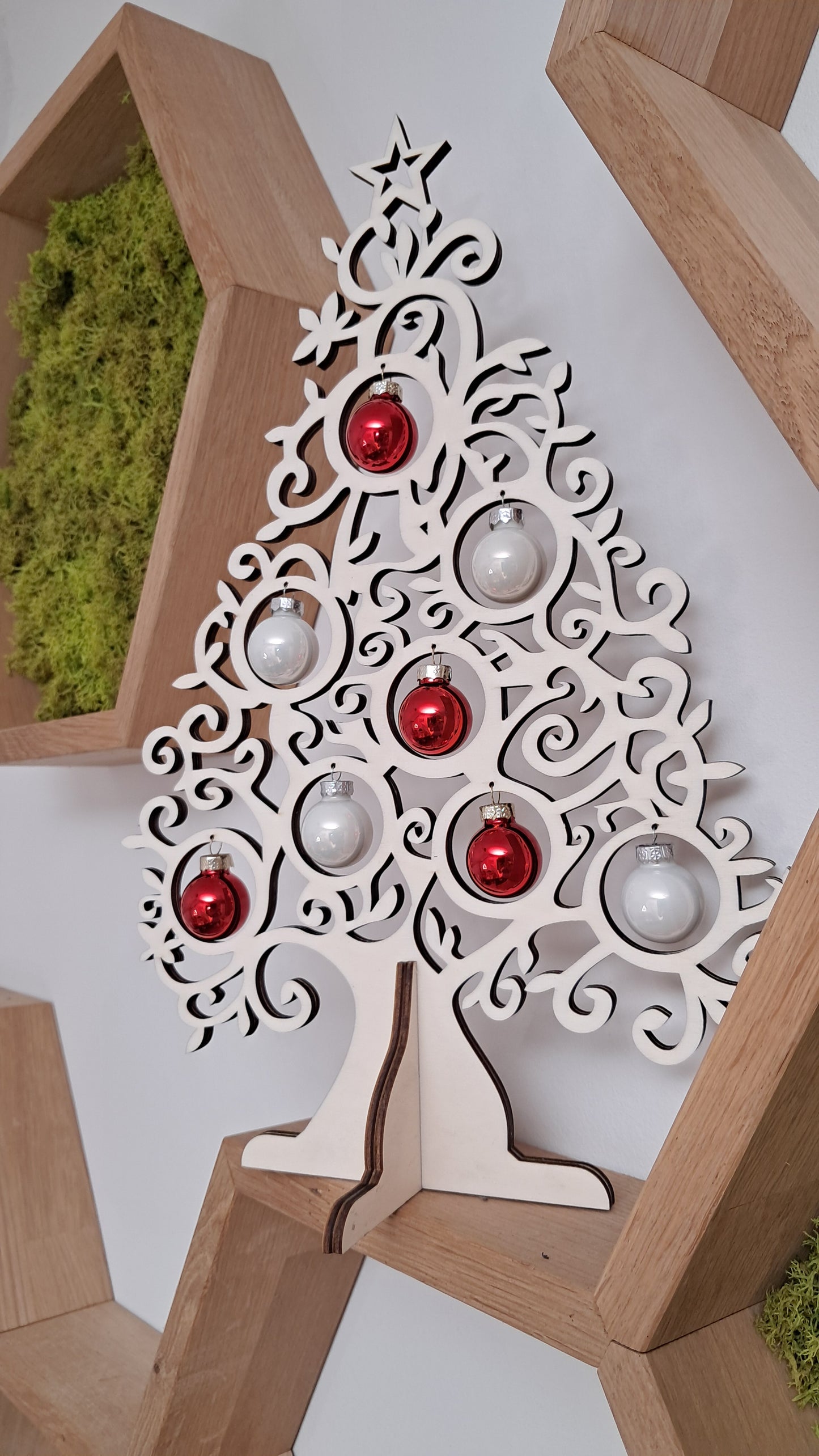 Wooden tabletop Christmas tree with glass baubles