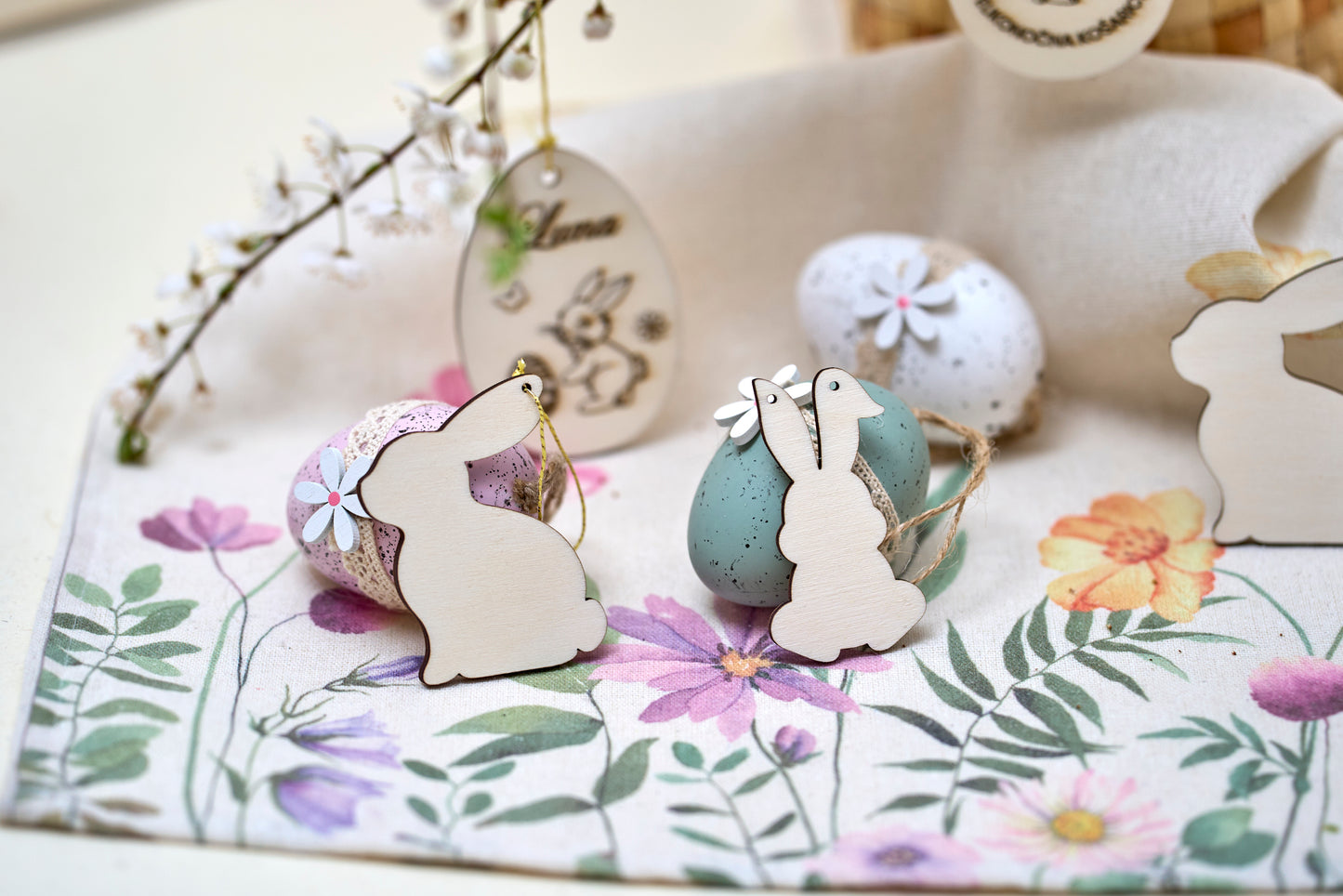 Easter bunnies with an egg basket and name