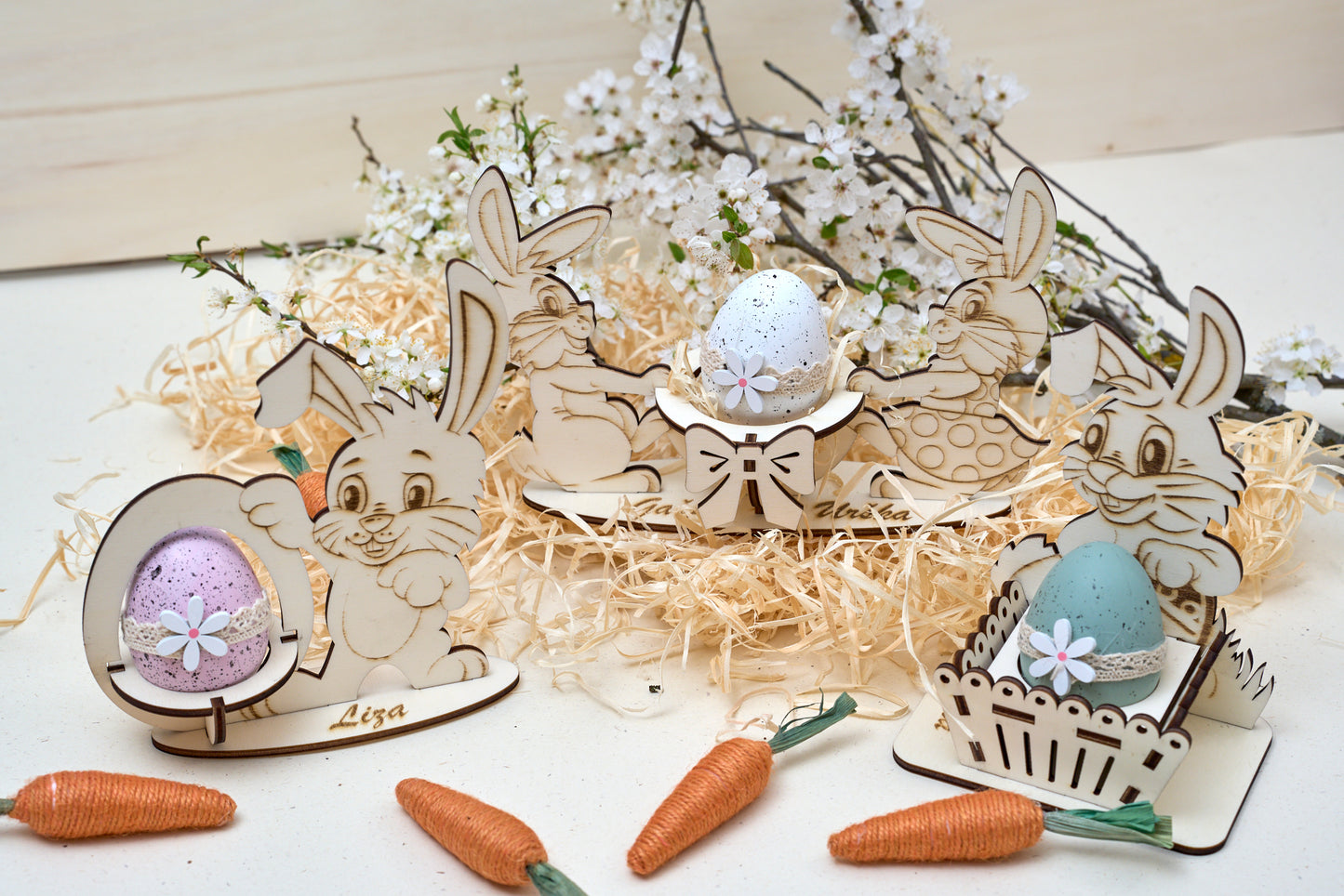Easter bunnies with an egg basket and name